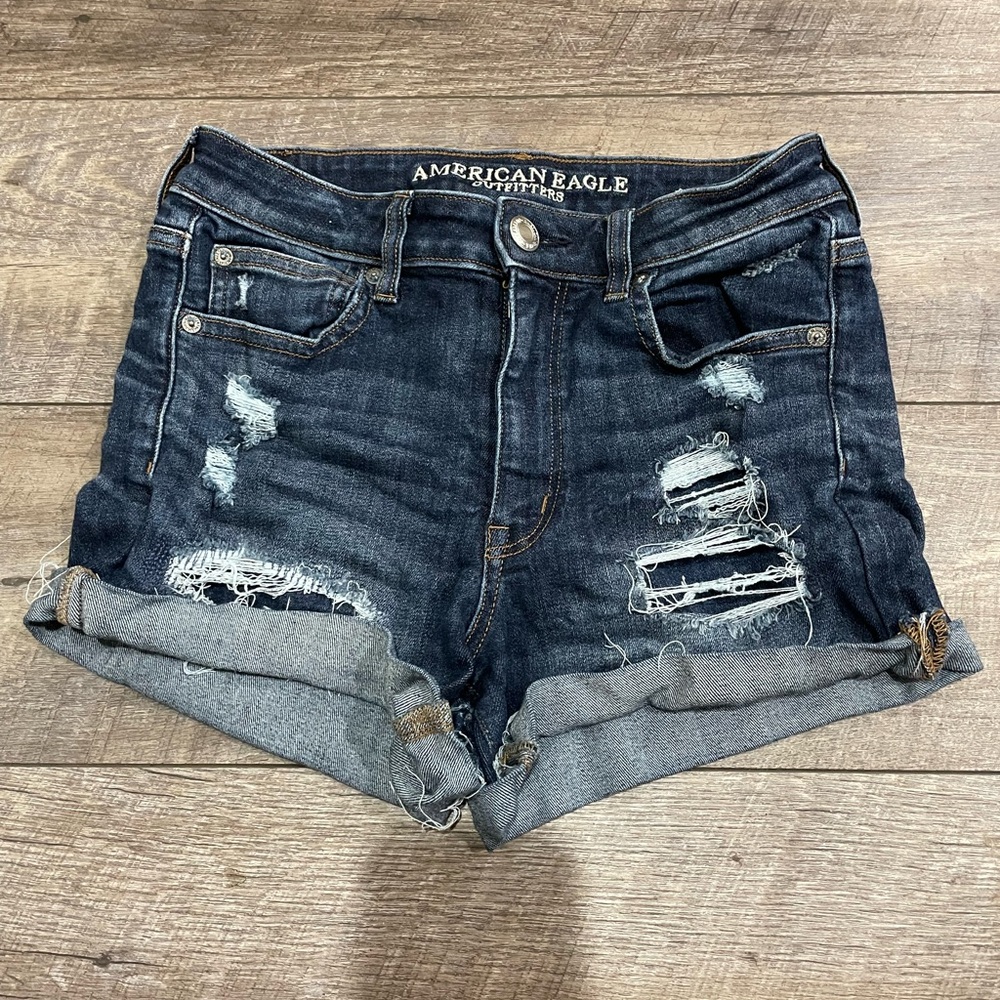 American Eagle Outfitters Dark Blue Distressed Jean Shorts size 8